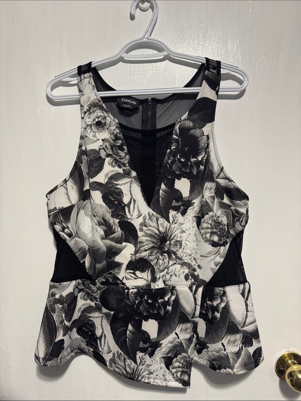 bebe Black & White Floral Mesh-Panel Peplum Tank